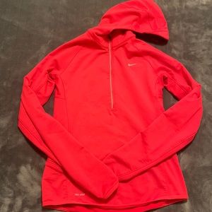 Nike dri-fit pullover, fleece lined, thumb holes, protective hood, red, S.